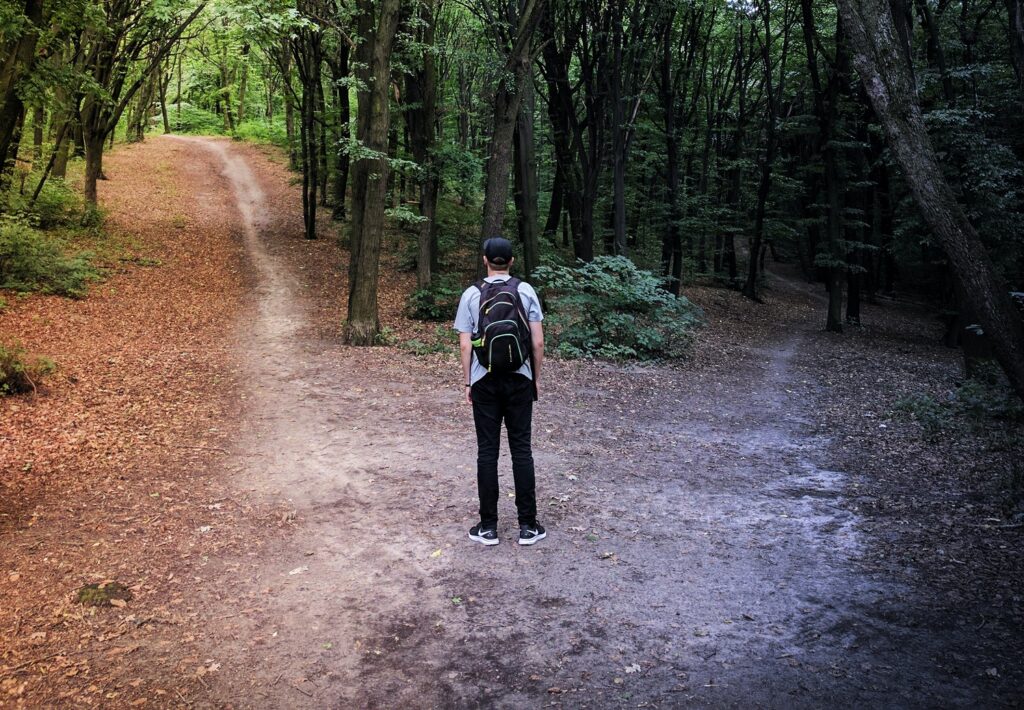 Image of man standing at fork in a path