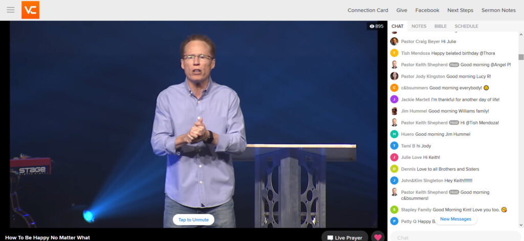 Screen shot of live church service with chat enabled