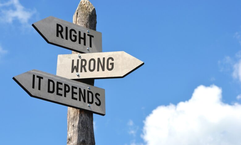 Image of three signs pointing to right or wrong or it depends