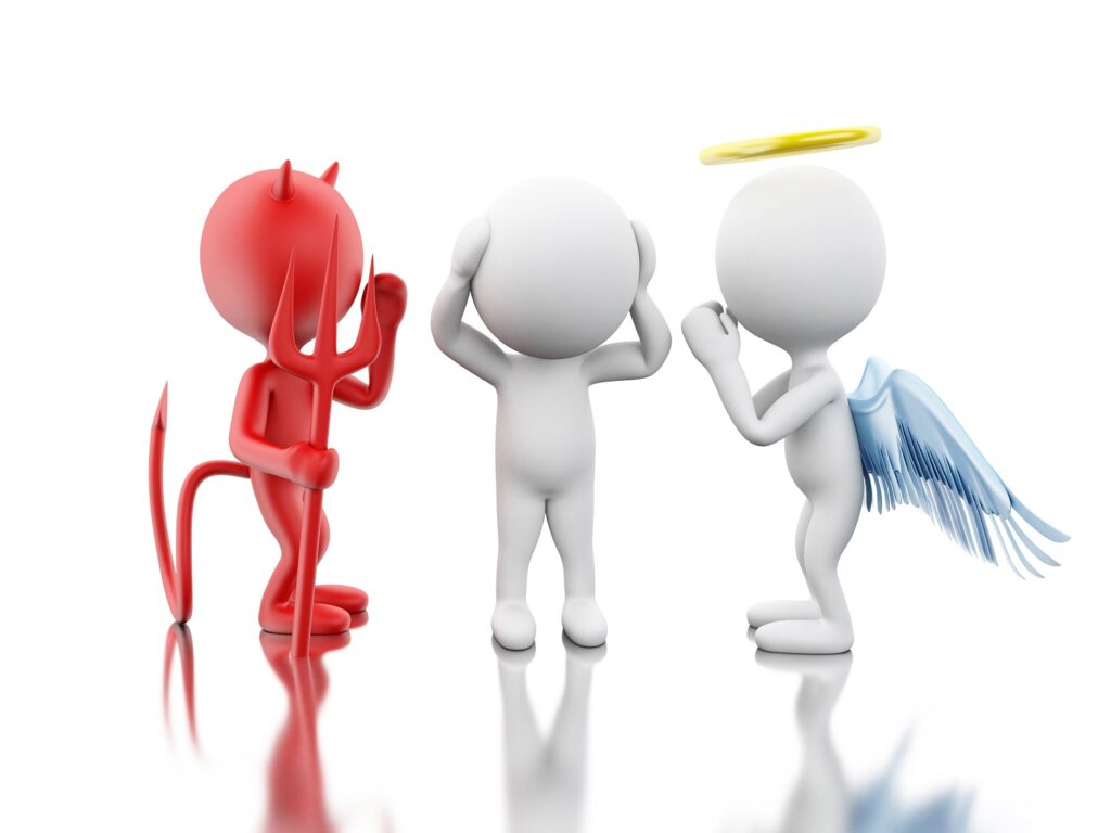 Drawing of man caught in middle of devil and angel
