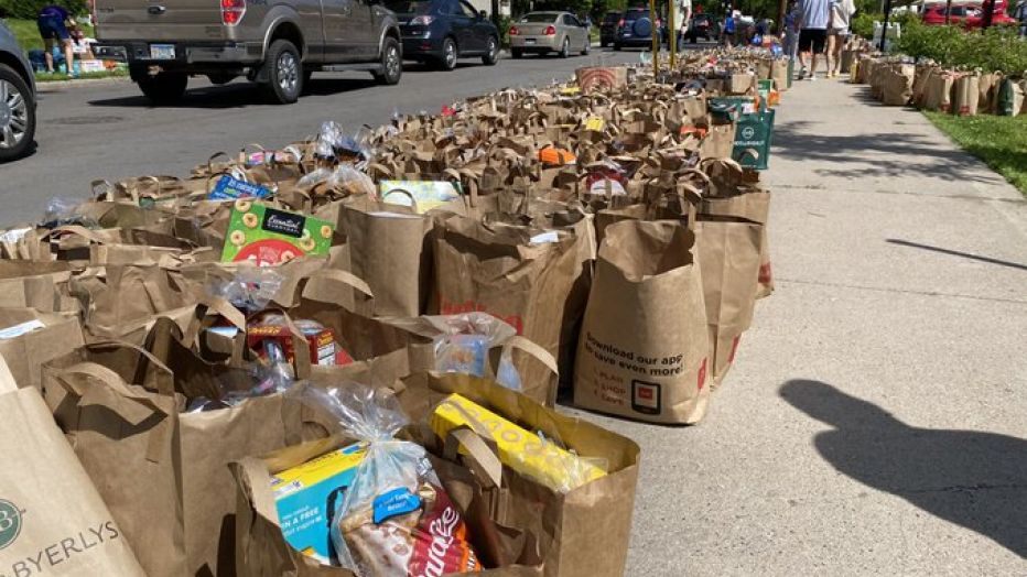 Image of bags of groceries lining street